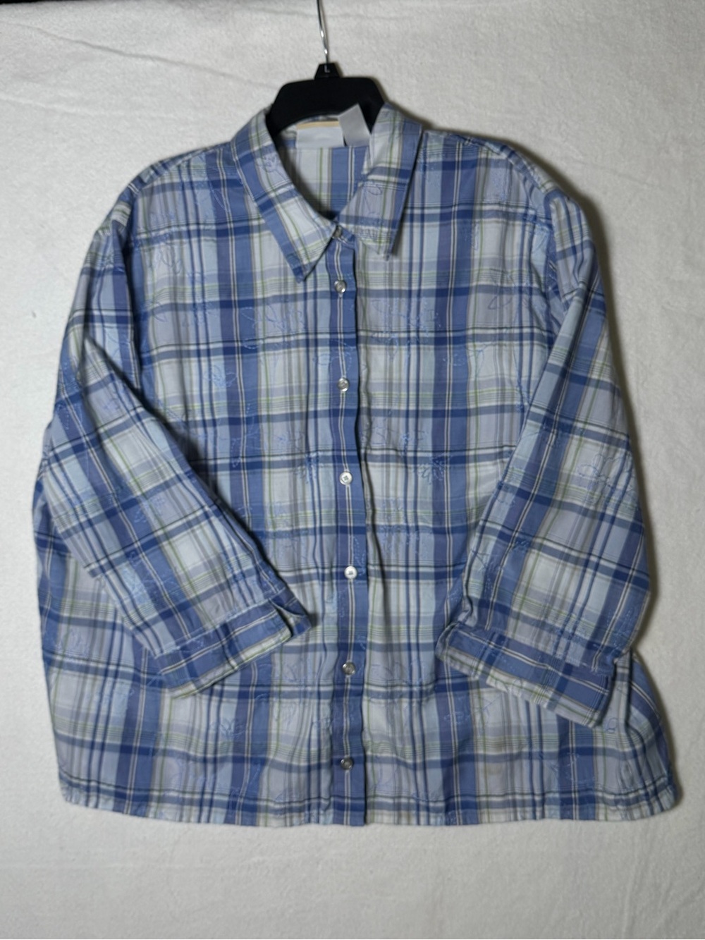 Alfred Dunner Blue Plaid Button Down Shirt Blouse Women's Size 22W 3/4 Sleeve